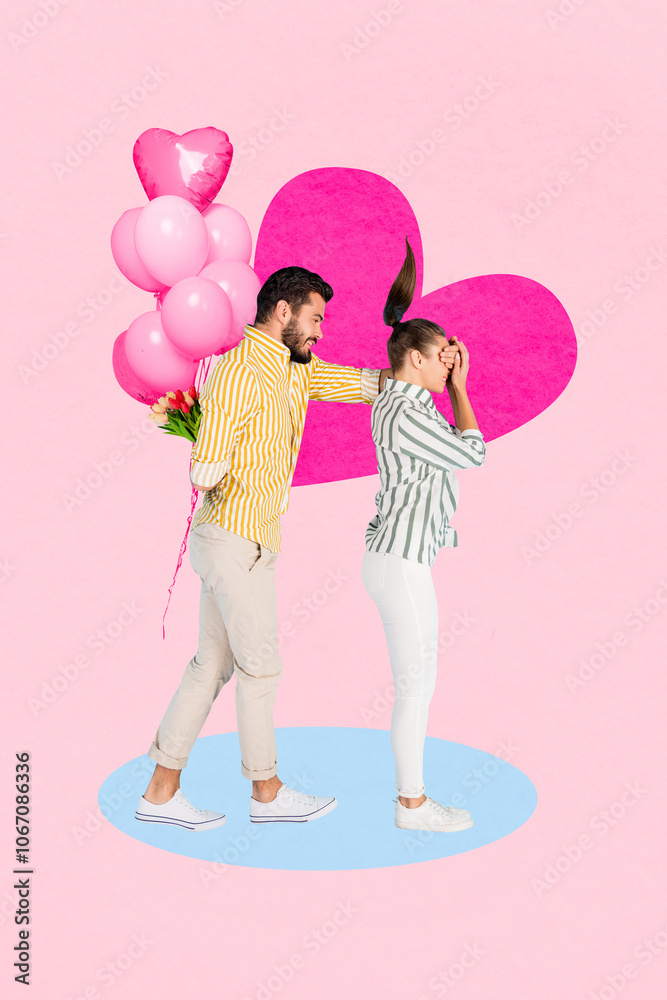 Composite trend artwork sketch image photo collage of valentine love feeling decor party young guy cover eye girl lady surprise present Composite trend artwork sketch image photo collage of valentine love feeling decor party young guy cover eye girl lady surprise present