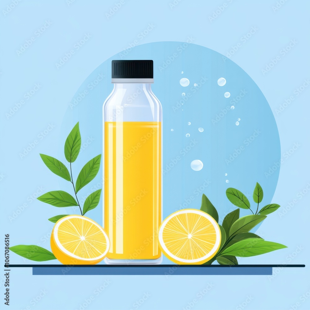 Refreshing lemon drink in a stylish bottle with fresh lemon slices and green leaves on a blue background. Refreshing lemon drink in a stylish bottle with fresh lemon slices and green leaves on a blue background.