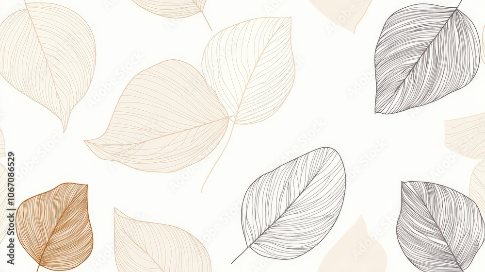 A minimalist seamless pattern of simple, line-drawn leaves in neutral tones on a white background, offering a modern, elegant aesthetic ideal for stationery, branding, or home decor A minimalist seamless pattern of simple, line-drawn leaves in neutral tones on a white background, offering a modern, elegant aesthetic ideal for stationery, branding, or home decor