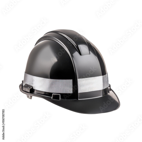 Black safety helmet with reflective stripes, isolated on white background photo