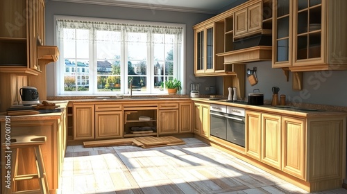 Modern Kitchen Interior with Wooden Cabinets, Large Windows, and Open Shelving Units.