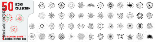 Set of 50+ firework and confetti icon. This set includes single bursts to multi-layered explosions, with each icon featuring unique patterns and shapes like stars, sparkles, and radiating lines