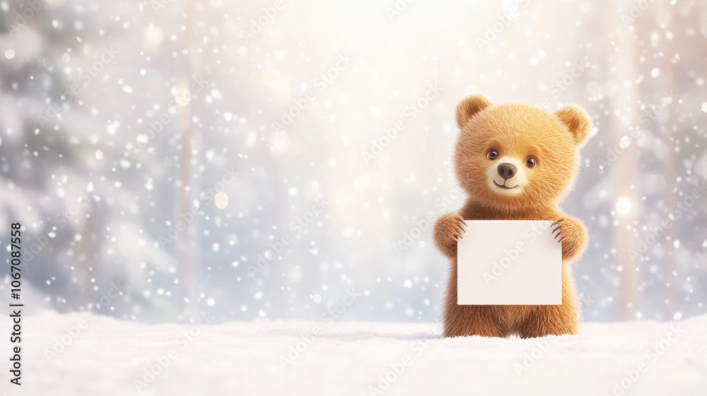 A cute teddy bear stands in a snowy landscape, holding a blank sign, surrounded by gently falling snowflakes and a serene winter background.