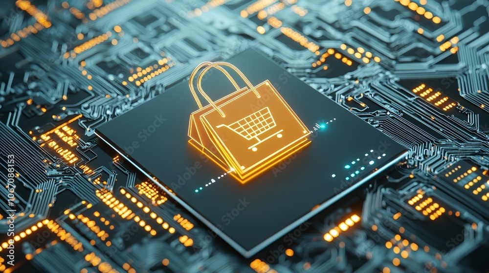 3D concept of eCommerce analytics with glowing charts, data overlays, and shopping bag icons, dark background.
