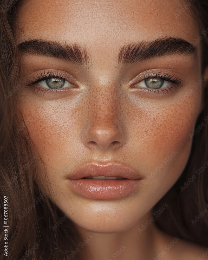 Detailed close-up of a woman with striking green eyes, natural freckles, thick eyebrows, and glossy lips, captured in soft lighting. Detailed close-up of a woman with striking green eyes, natural freckles, thick eyebrows, and glossy lips, captured in soft lighting.