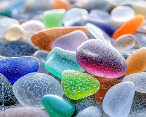 colorful sea glass pebbles on the beach photo