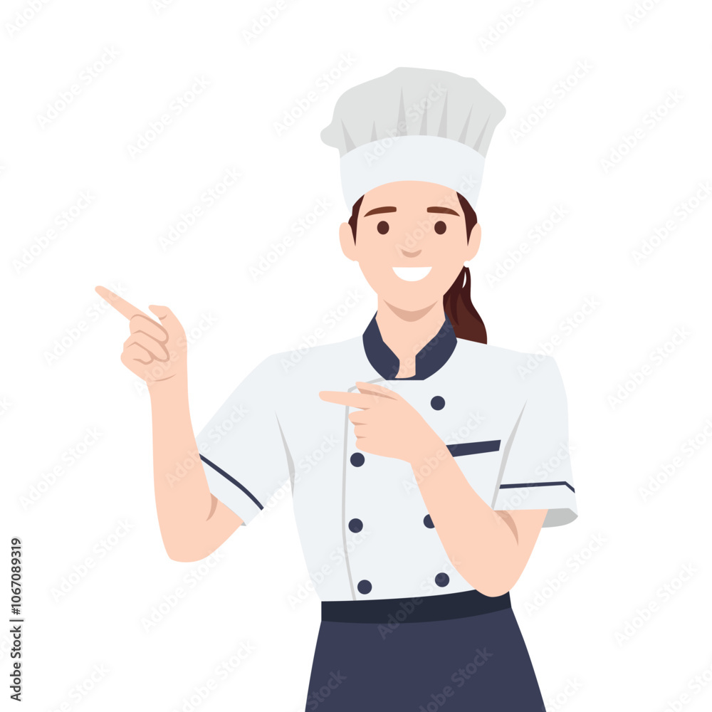 Young woman chef in presenting gesture. Flat vector illustration isolated on white background Young woman chef in presenting gesture. Flat vector illustration isolated on white background