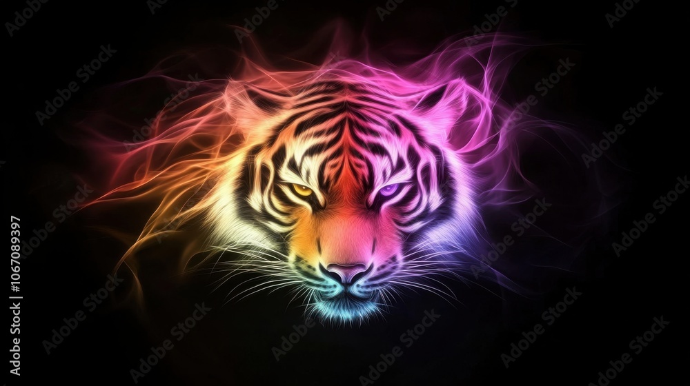 A vibrant, artistic depiction of a tiger's face, surrounded by colorful, swirling patterns against a dark background. A vibrant, artistic depiction of a tiger's face, surrounded by colorful, swirling patterns against a dark background.