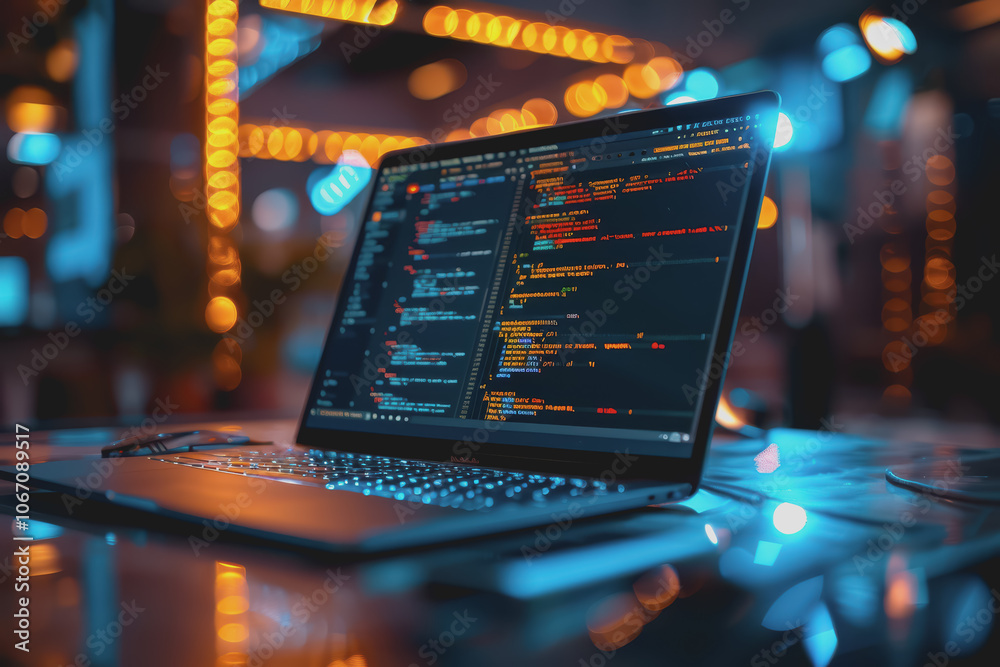 A software developer writes code to develop AI software on a laptop for a company. A software developer writes code to develop AI software on a laptop for a company.