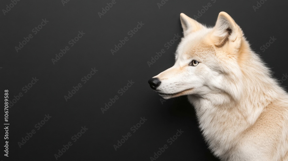 Obraz premium A profile view of a majestic white wolf against a dark background, showcasing its serene expression and fluffy fur.
