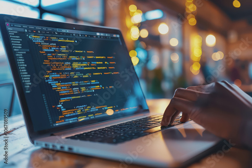 A software developer writes code to develop AI software on a laptop for a company.