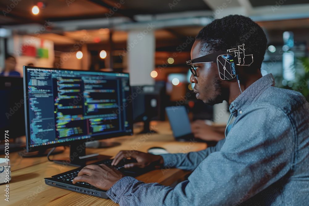 A software developer writes code to develop AI software on a laptop for a company. A software developer writes code to develop AI software on a laptop for a company.