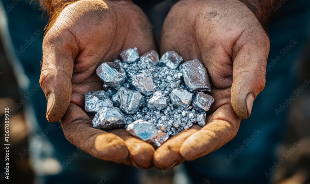 Men s hands holding silver platinum or rare earth mineral ore from the mine Men s hands holding silver platinum or rare earth mineral ore from the mine
