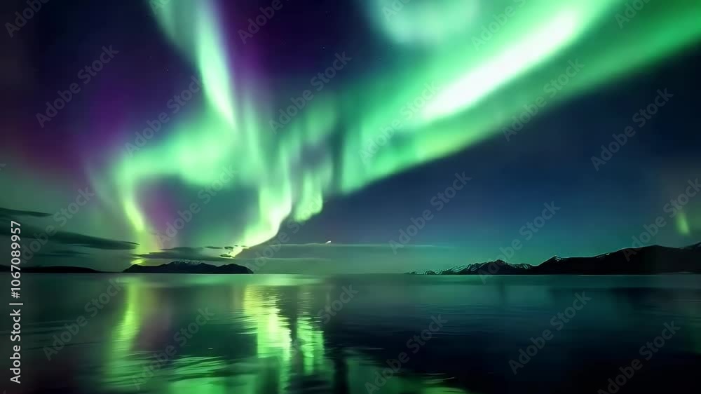 Stunning Green and Purple Aurora Borealis Display Over a Still Lake Stunning Green and Purple Aurora Borealis Display Over a Still Lake
