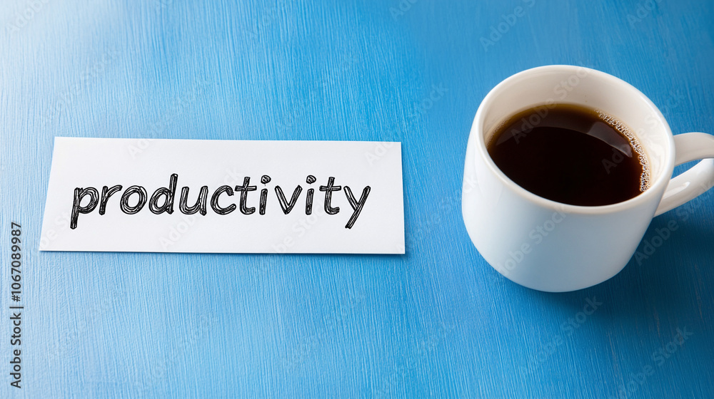 Productivity. The concept of increasing productivity. The word on the white piece of paper and cup of coffee nearby