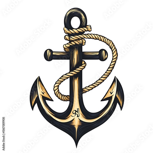 A detailed illustration of a black anchor with a golden rope wrapped around it. photo