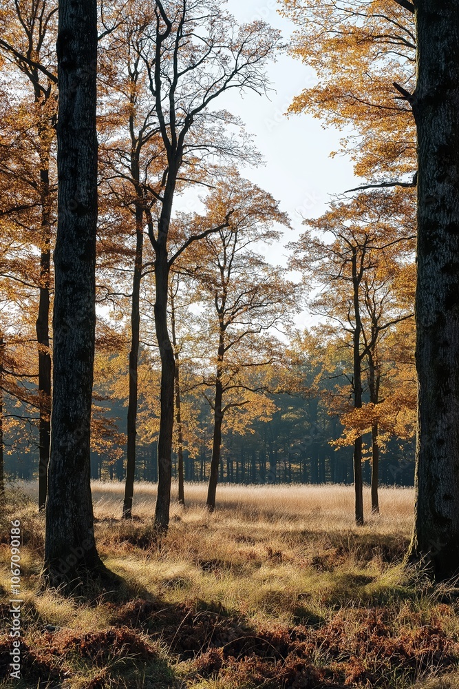 Tall trees with golden leaves bask in warm sunlight, creating an inviting and serene autumn landscape. Tall trees with golden leaves bask in warm sunlight, creating an inviting and serene autumn landscape.