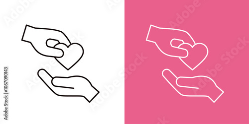 愛を表すハートを渡している手のアイコンセット＿細い線