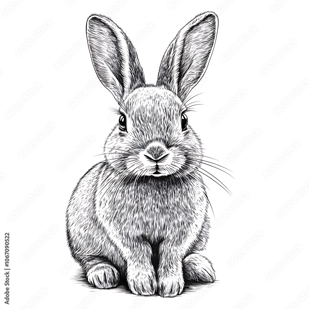 Obraz premium A detailed black and white illustration of a cute rabbit sitting on a white background.