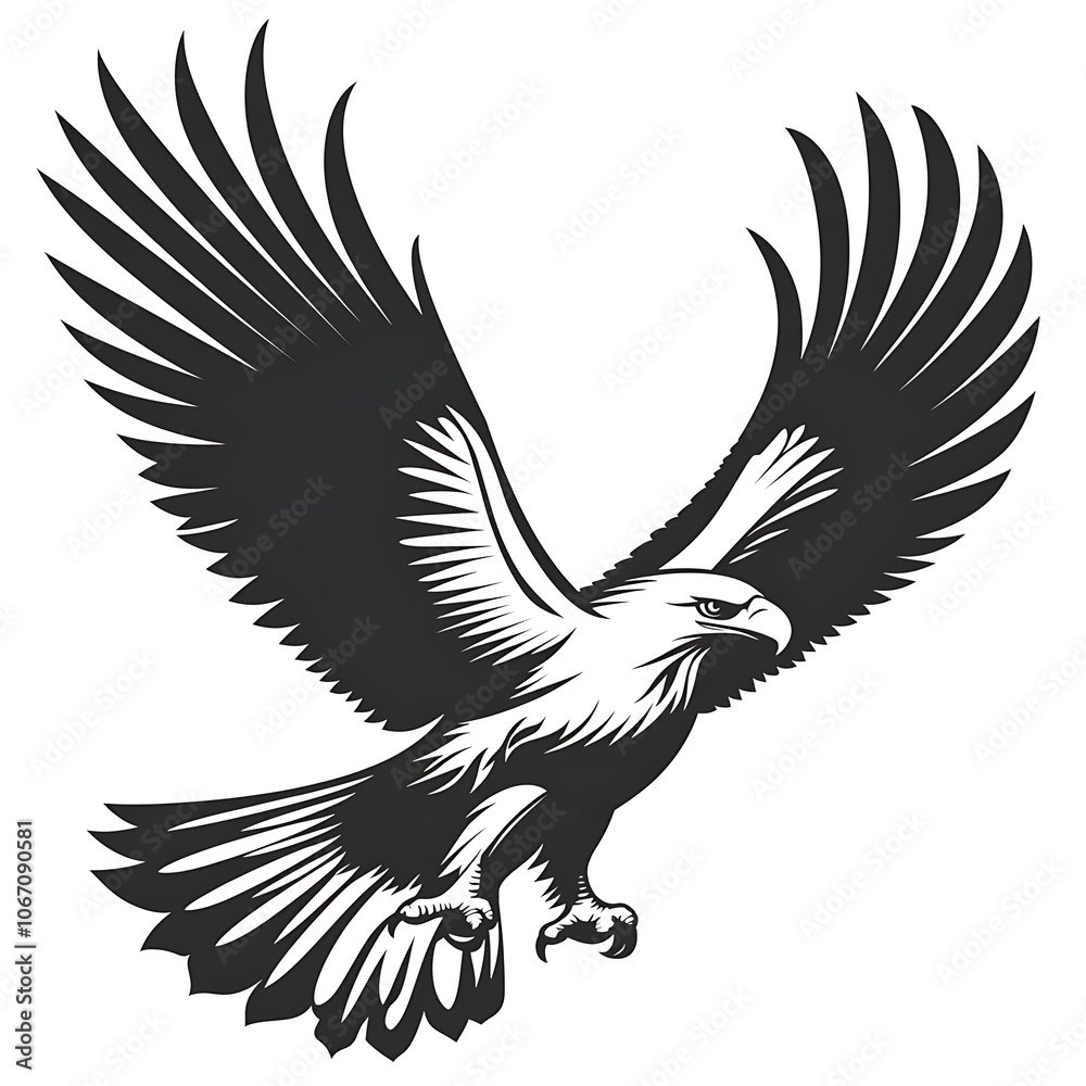 Fototapeta premium A black and white illustration of an eagle in flight with its wings spread wide.