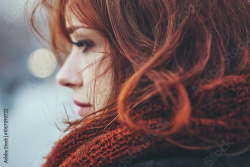 A side profile of a woman with red hair in a scarf, displaying introspection and warmth in a natural setting. photo