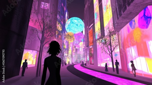 Futuristic Cityscape with Neon Lights and Silhouettes