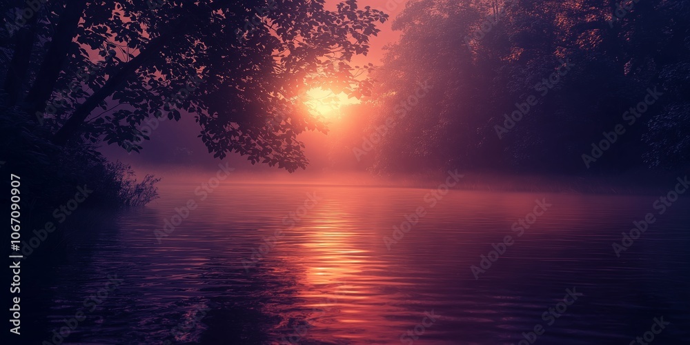 A tranquil sunset over a peaceful lake surrounded by misty forests and glowing light through trees. A tranquil sunset over a peaceful lake surrounded by misty forests and glowing light through trees.