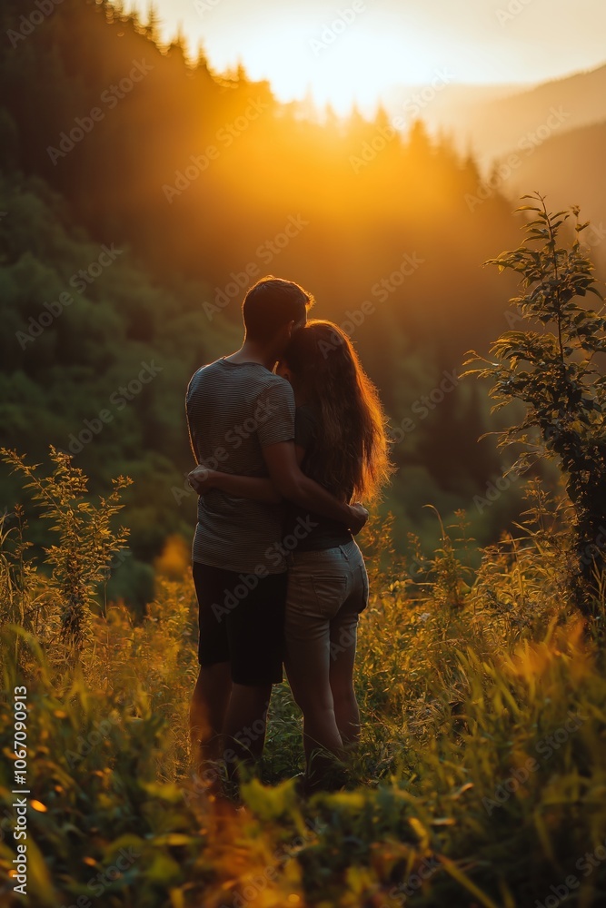 Fototapeta premium Couple stands together in a picturesque landscape, embraced warmly, while the sun sets behind the mountains, casting a glow.