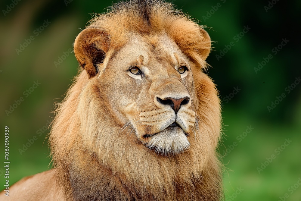 A portrait of a regal lion showcasing its golden mane against a blurred green background in the wild. A portrait of a regal lion showcasing its golden mane against a blurred green background in the wild.