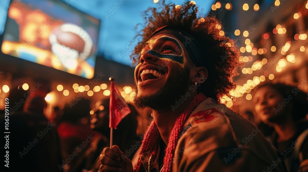 Fans in face paint with flags at Super Bowl event Fans in face paint with flags at Super Bowl event
