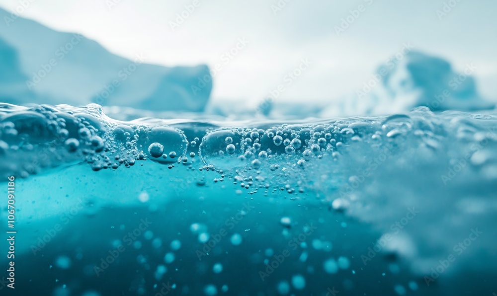 Macro shot of tiny air bubbles trapped within the ice of an iceberg, revealing their arrangement and clarity Macro shot of tiny air bubbles trapped within the ice of an iceberg, revealing their arrangement and clarity