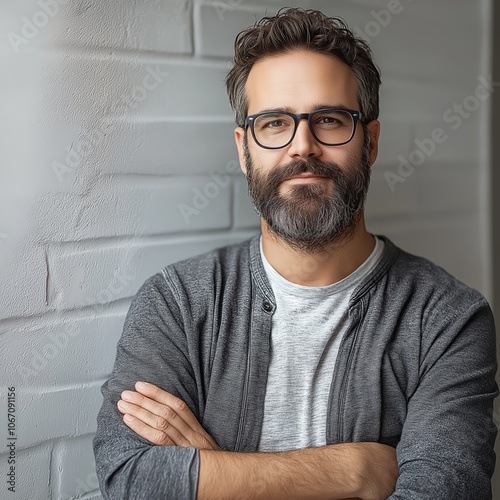 A confident man with glasses and a beard poses casually against a brick wall, showcasing modern, laid-back style. photo