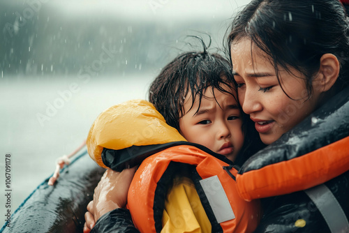 Mother holding her child tightly in a rescue boat during a flood, both wearing life jackets, with rain pouring down and an expression of relief and concern