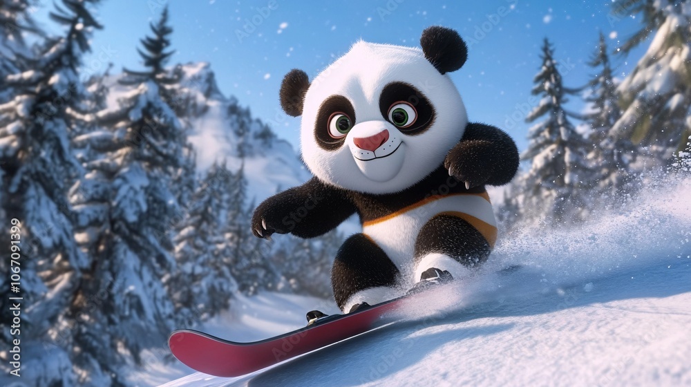 3D Cartoon Panda Skiing in a Snowy Landscape 3D Cartoon Panda Skiing in a Snowy Landscape