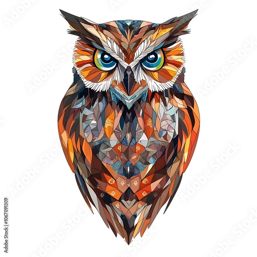 A colorful geometric owl with sharp blue eyes. photo