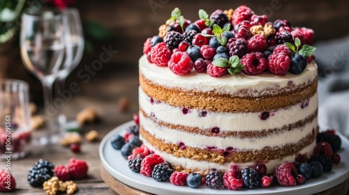 Wallpaper Mural A beautifully presented layered cake, garnished with fresh berries and nuts, placed on a white plate. The cake is set on a rustic wooden table, accompanied by elegant glasses, creating a cozy Cake Torontodigital.ca