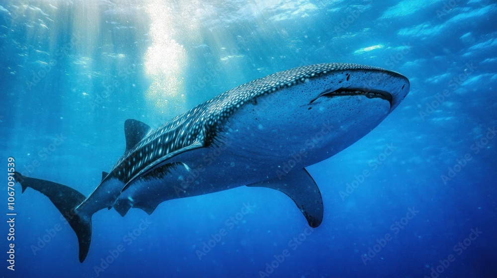 Obraz premium Scuba diving in the Galapagos Islands alongside a whale shark the size of a school bus 