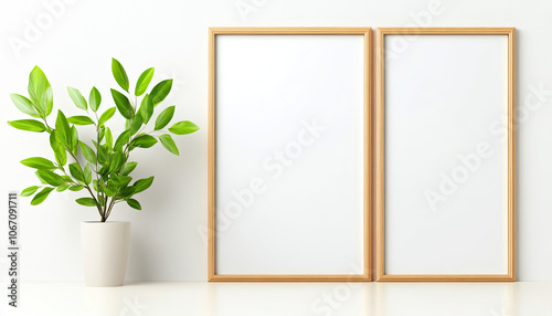 Decorative plant beside empty frames on a minimalistic table.
