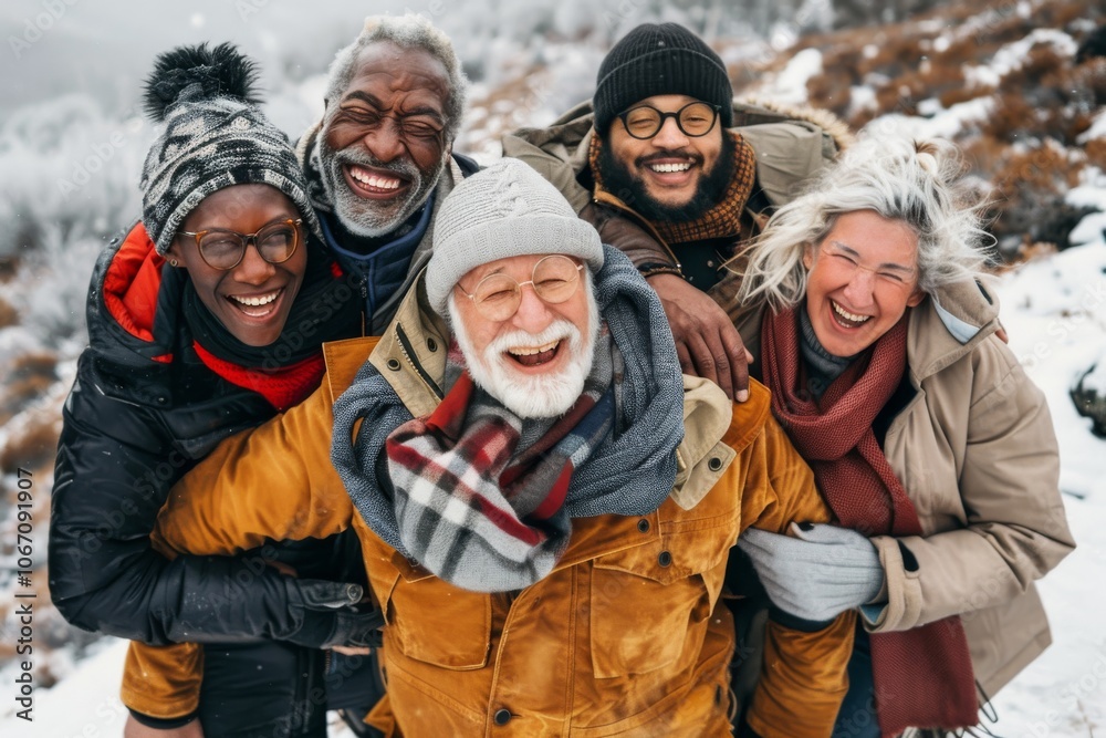Group of friends having fun together in winter forest - Multiethnic group of people having fun outdoors - Friendship concept Group of friends having fun together in winter forest - Multiethnic group of people having fun outdoors - Friendship concept
