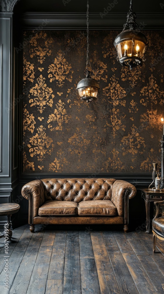 Fototapeta premium Cozy interior with a vintage leather sofa, elegant decor, and warm lighting in a rustic style