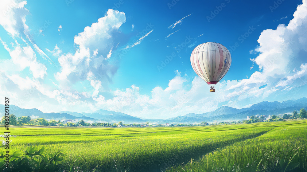 Obraz premium An aerial photo capturing hot air balloons drifting over the picturesque wine region near the Hunter Valley Gardens at sunrise.