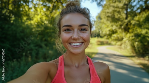 Woman smiling and snapping a selfie after exercise in lush urban park. AI generated photo