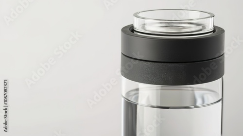 Clean modern water bottle with safety cap and half-filled with clear water on white background, symbolizing hydration and drinking safety, ample copy space for text overlay.