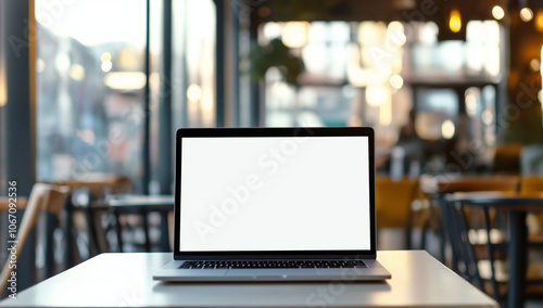 A laptop with empty screen on a table in green offfice for mockup template. 
