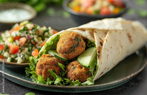 Vegan falafel wrap with salsa and salad. photo