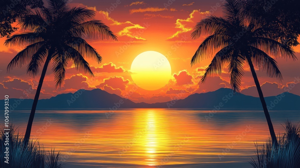 Obraz premium A Vibrant Sunset Over a Tropical Sea With Silhouetted Palm Trees and Mountains