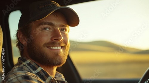 A joyful man smiles warmly while driving through golden fields at sunset, capturing a moment of tranquility and connection with nature