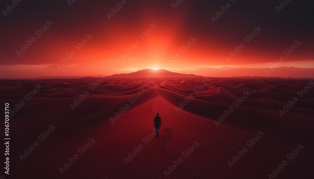 A solitary figure stands in a vast desert at sunset, surrounded by crimson sands and dramatic lighting, evoking a sense of tranquility and wonder. A solitary figure stands in a vast desert at sunset, surrounded by crimson sands and dramatic lighting, evoking a sense of tranquility and wonder.
