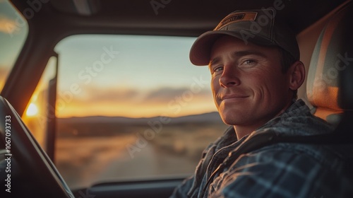 A man drives through a golden sunset, embracing nature\'s beauty and the serenity of rural highways photo