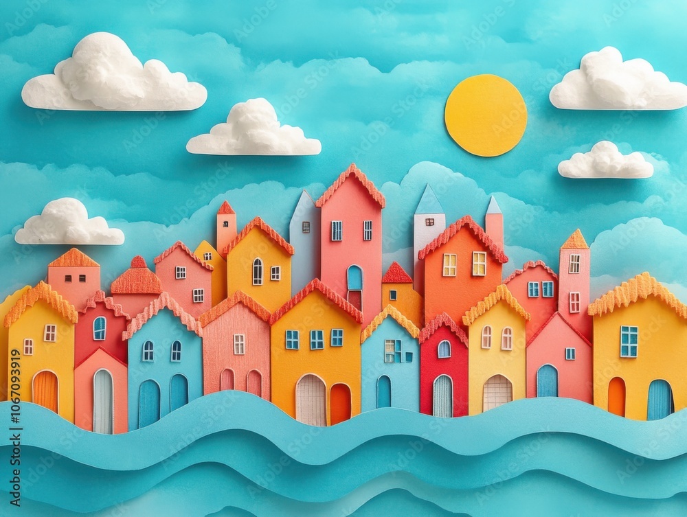 Brightly colored houses on a beach with waves and sun, real estate Brightly colored houses on a beach with waves and sun, real estate